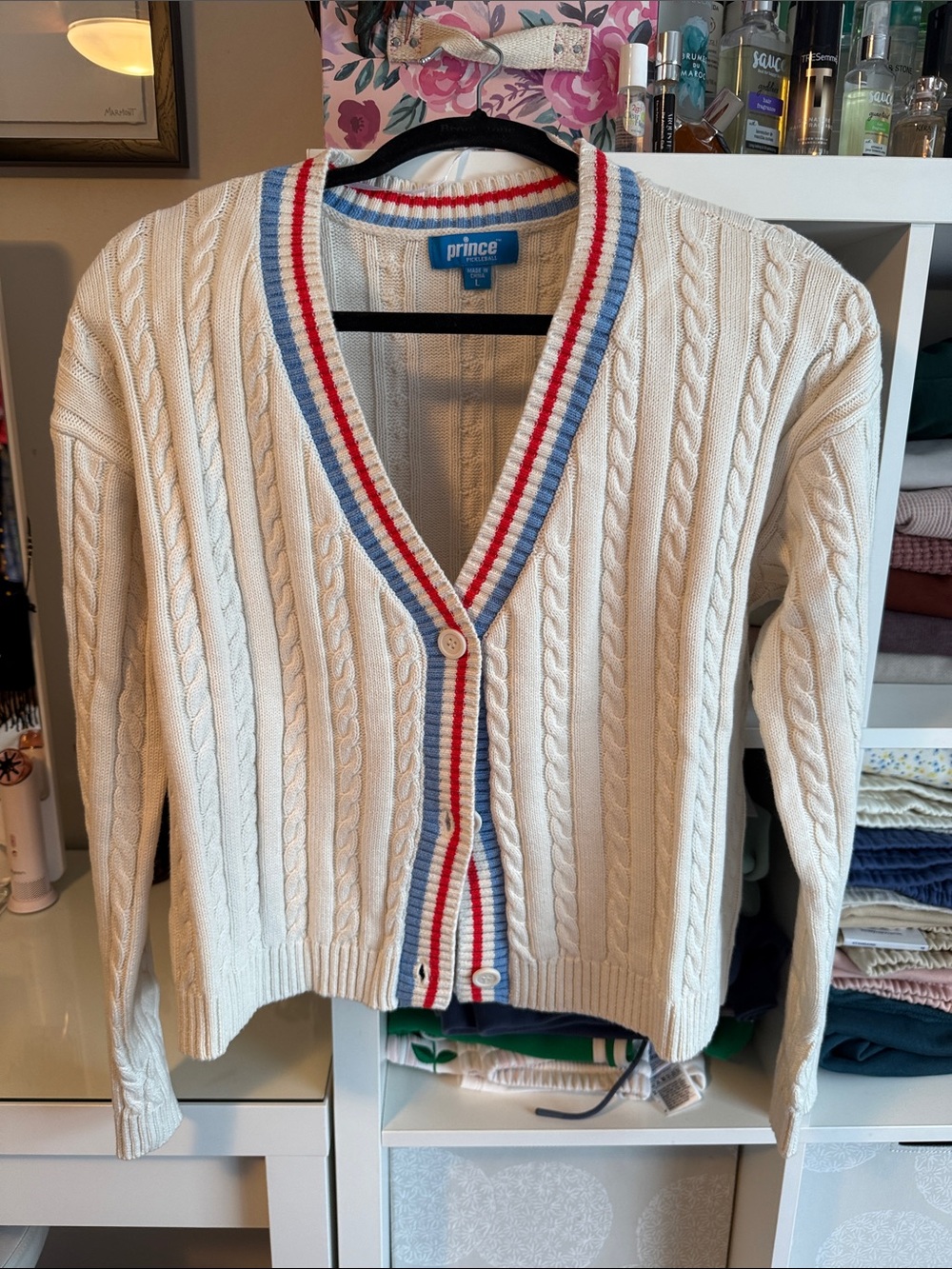 Prince Pickleball Cream Cable Knit Cardigan with Red & Blue Trim Size Large NWOT